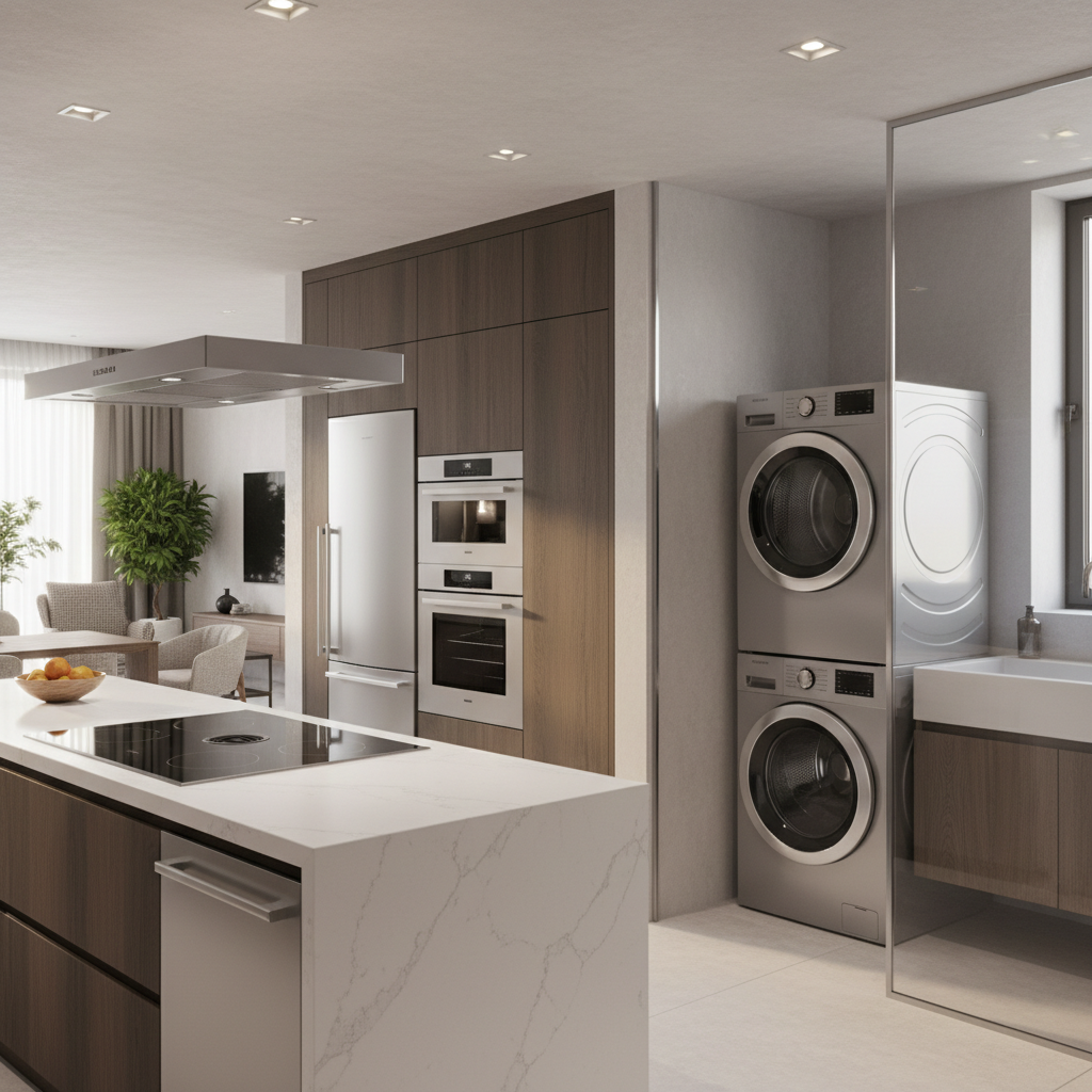 Premium home appliances in an upscale kitchen and laundry environment