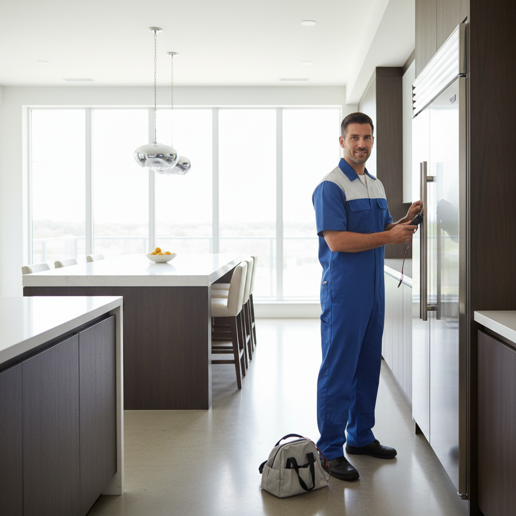 Professional appliance repair technician inspecting a built-in refrigerator